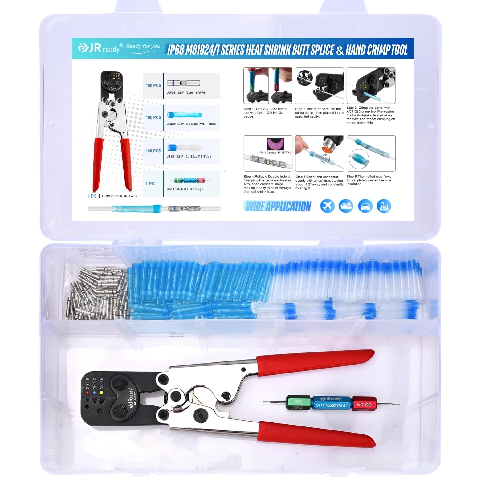 JRready IP68 Environmental Butt Splice Kit 100Sets 20-16AWG AS81824 Aviation Splice Connectors with PVDF and PE Heat Shrink Tubes ACT-232 Butt Splice Crimper G4111 Go No Go Gauge for Automotive Marine