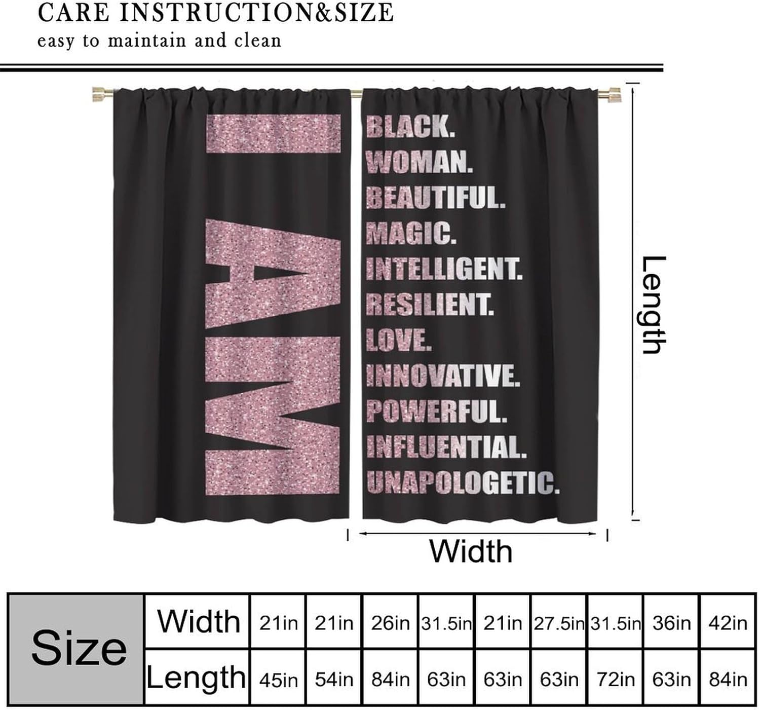 ピンク I Am Black 女性 女の子 引用 装飾カーテン、アフリカ モチベーション インスピレーション ポジティブ ウィンドウ