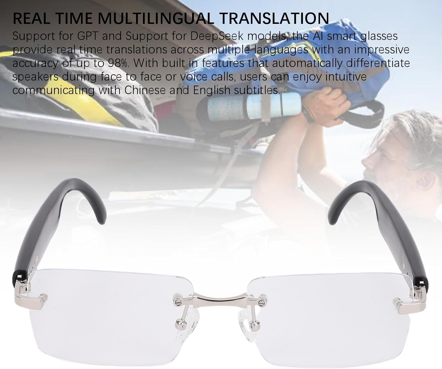 SUNGOOYUE AI Smart Glasses,5.4 Real Time Translation GPT & DeepSeek Support 98% Accuracy Multilingual AI Assistant with Noise Reduction for Business Travel Learning (Silver)