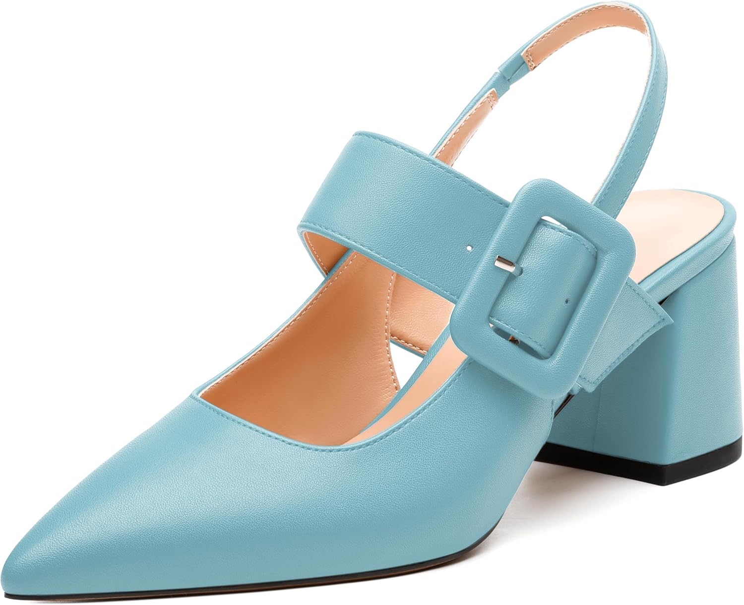 Women's Slingback Pumps, Pointed Toe Mid Heels, Adjustable Buckle Fashion Solid Color Chunky Heel Shoes for Women