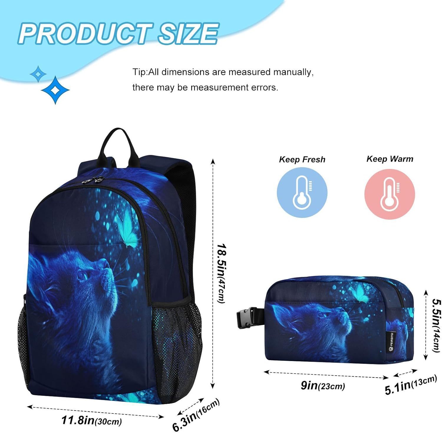 ALAZA Cat and Butterfly with Blue Light Backpack for Kids School Bag Girls Boys Teens Backpack with Lunch Bag Set Daypack Travel Laptop Backpack