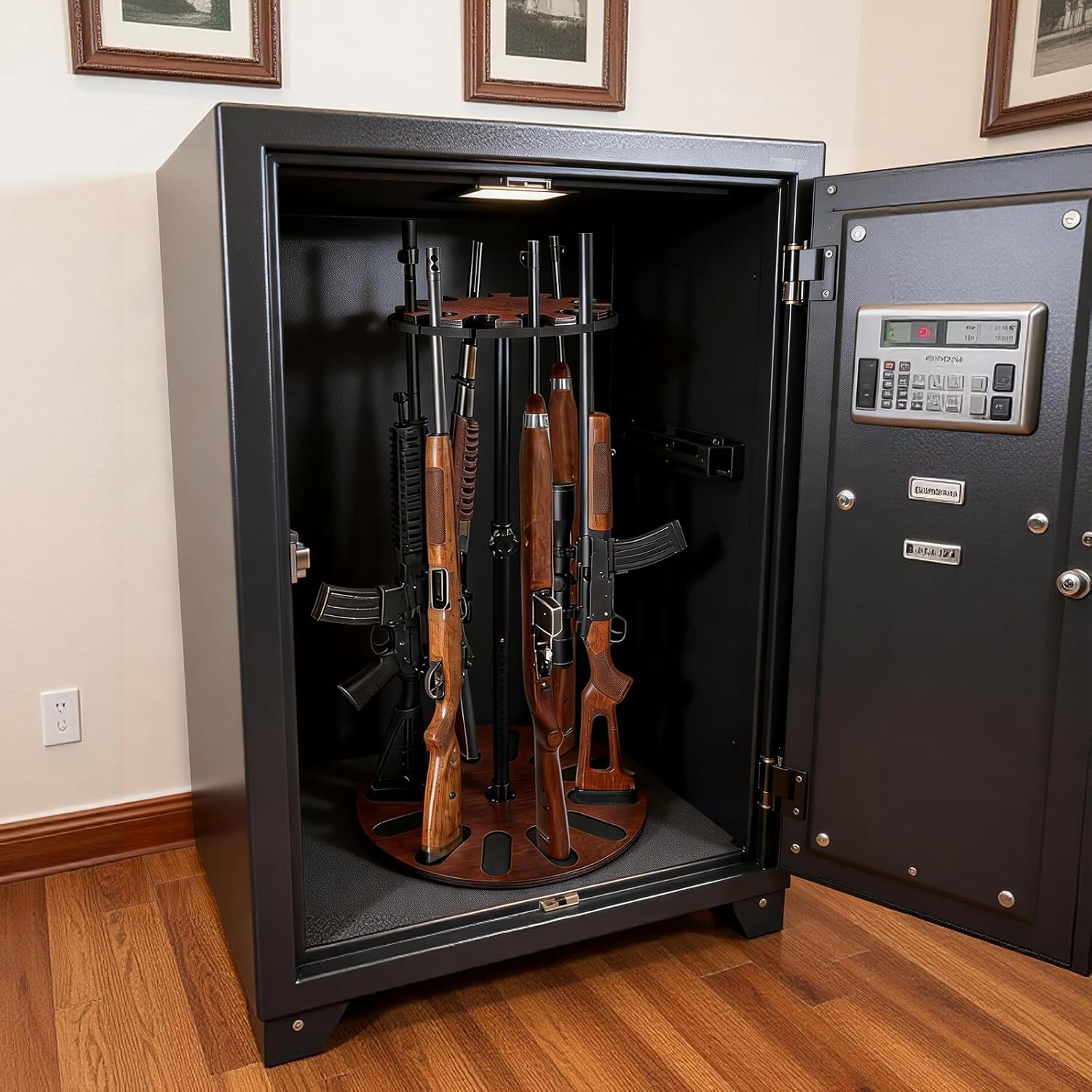 Premium 360-Degree Spinning Gun Rack - 24-Level Adjustable Height for 12 Rifles, Secure Storage with Renewable Solid Wood & EVA Padding, Ideal for Gun Safe Organizer