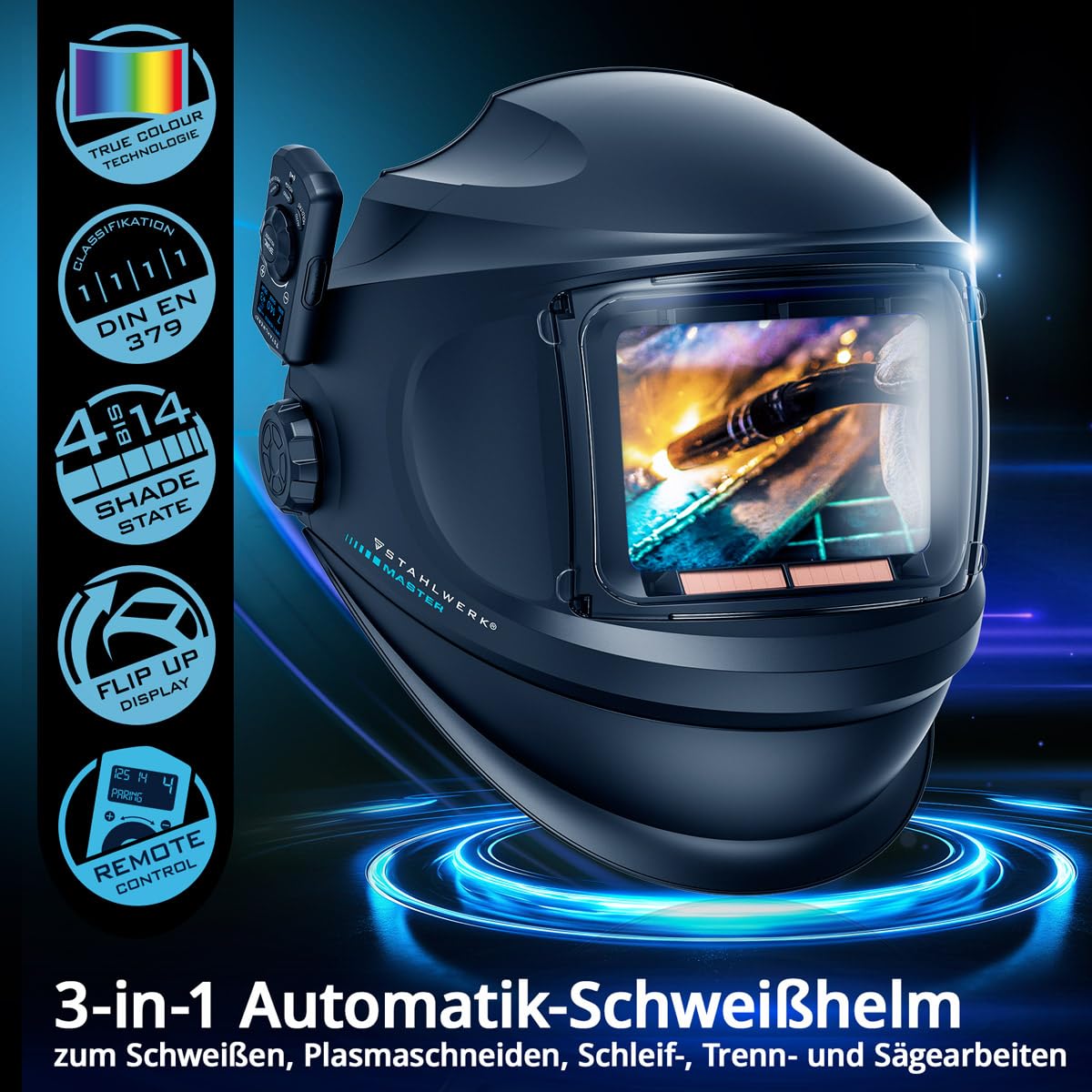 STAHLWERK Automatik-Schweißhelm 3-in-1 Master mit True-Colour & Jobspeicher | Schweißerhelm mit autom. Abdunkelung DIN 4-14, optische Klasse 1/1/1/1, Klapp-Visier, Bluetooth, Sichtfeld 116 x 81 mm