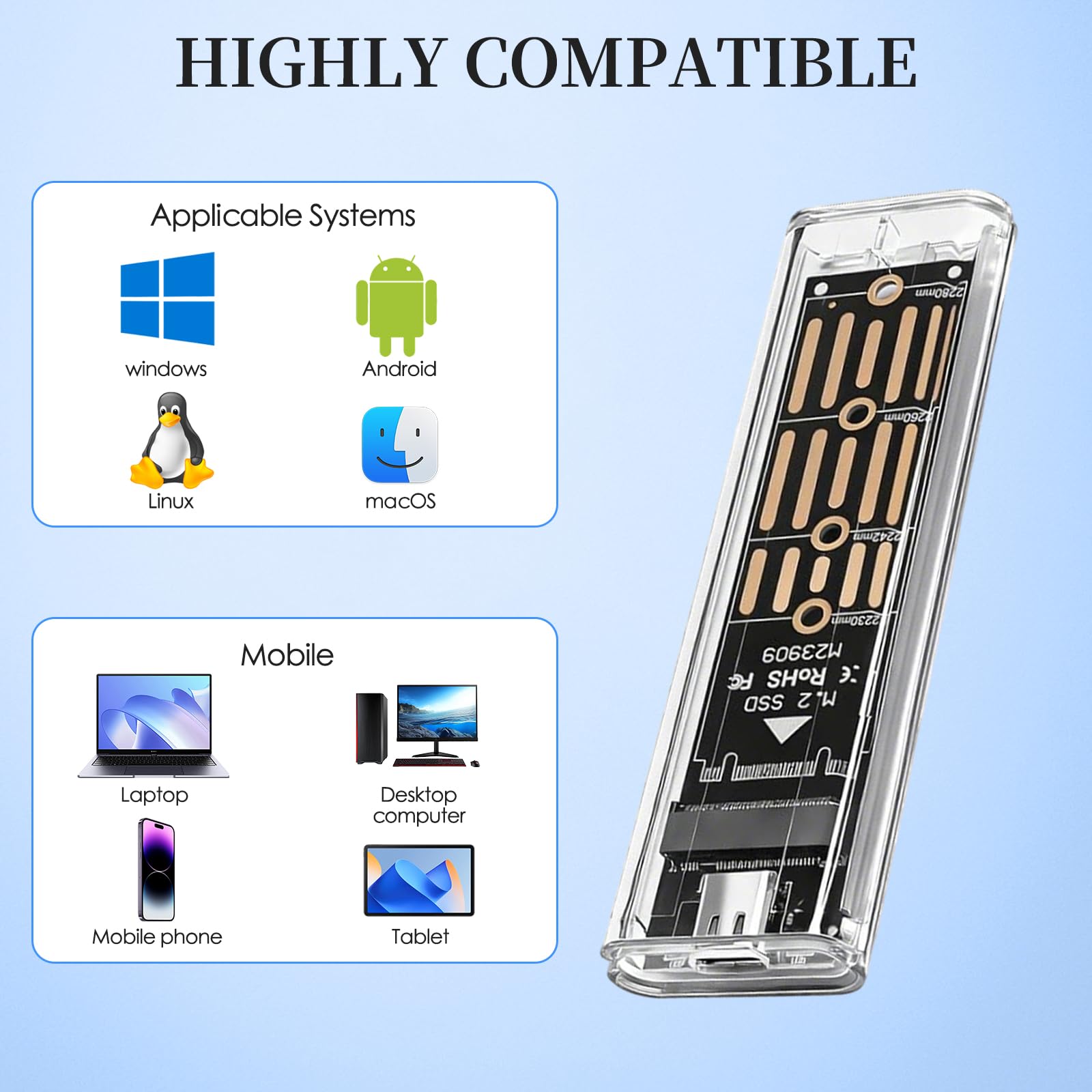 Custodia SSD M.2 NVMe, Adattatore NVMe USB 3.1 Gen 2 (10 Gbps), Custodia SSD USB-C Lettore Disco Rigido Esterno per M-Key 2230/2242/2260/2280, Design Trasparente Anti-Calore