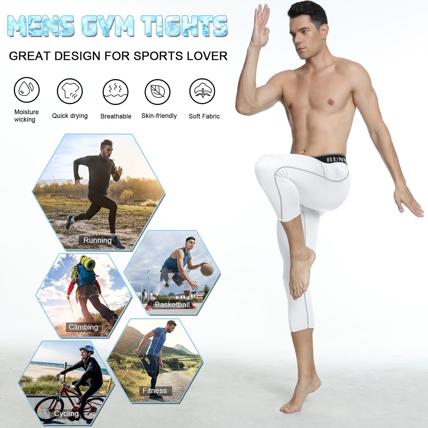 MEETYOO Men's 3/4 Compression Pants with Pockets, Sport Workout Base Layer Underwear, Running Leggings Athletic Gym Tights, Black+White+Blue, Small - Image 5