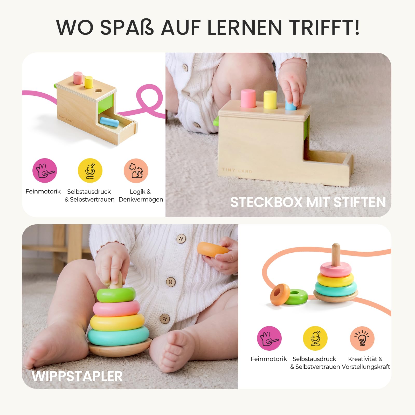 Tiny Land Montessori Holzspielzeug für Babys 10-12 Monaten mit Stapelspiel
