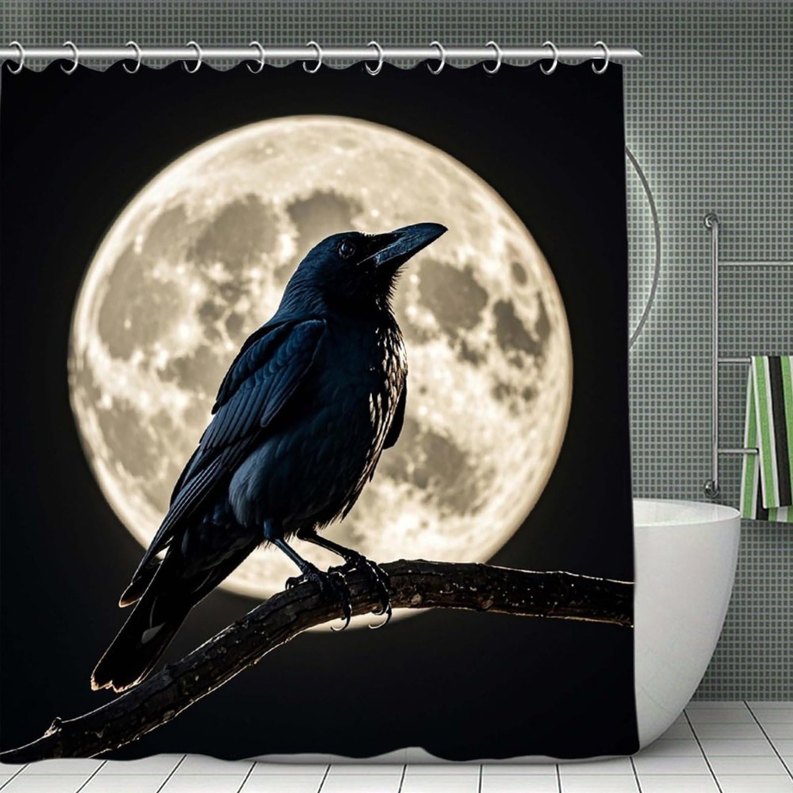 QMNLKH Black Crow on Full Moon Shower Curtain with Hooks, Waterproof Bath Curtains for Bathroom, Lightweight Bath Curtains Liner for Hotel, Personalized Bath Curtain for Spa, 70.8 Inch