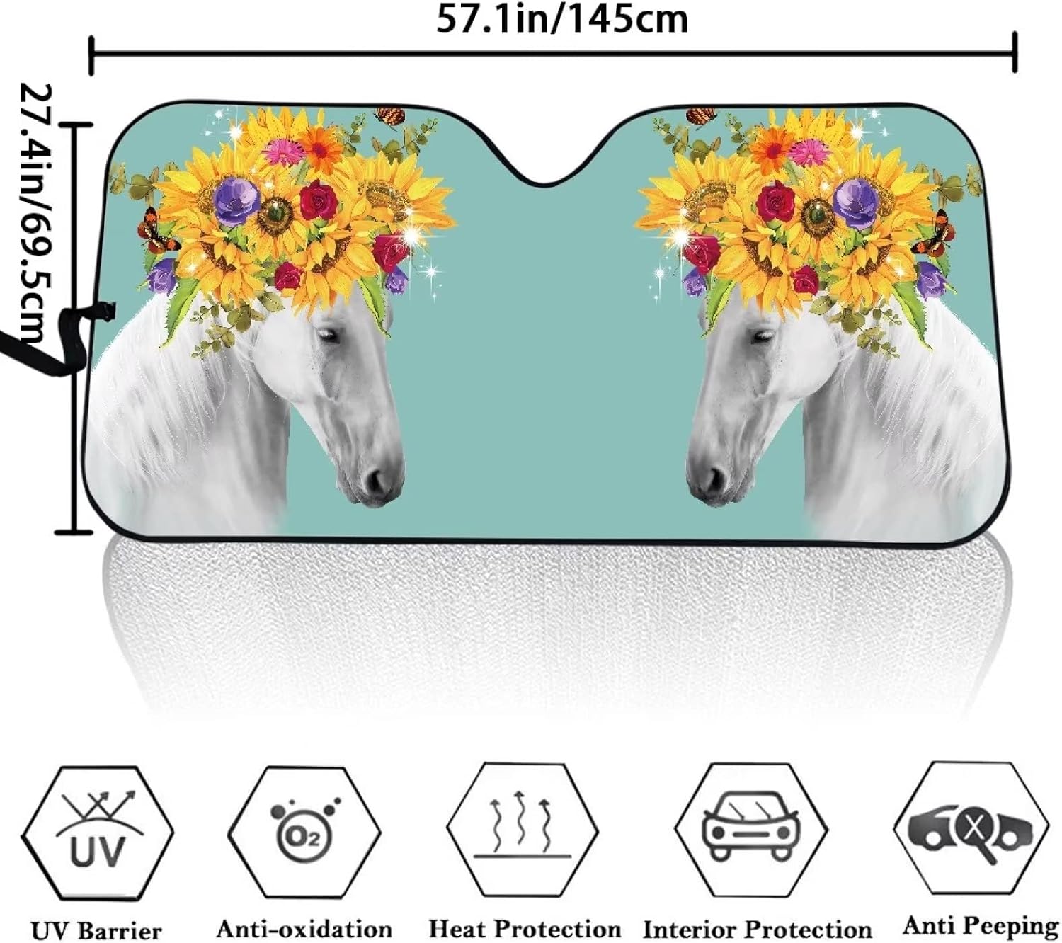 Universal Fitted Custom Car Sun Shade Windshield for Women Horse Floral Flower Print Durable Elastic Retractable Windshield Sun Shade Fit Most Cars Keep Out UV Rays Accordion Blocks Car Sun Visor