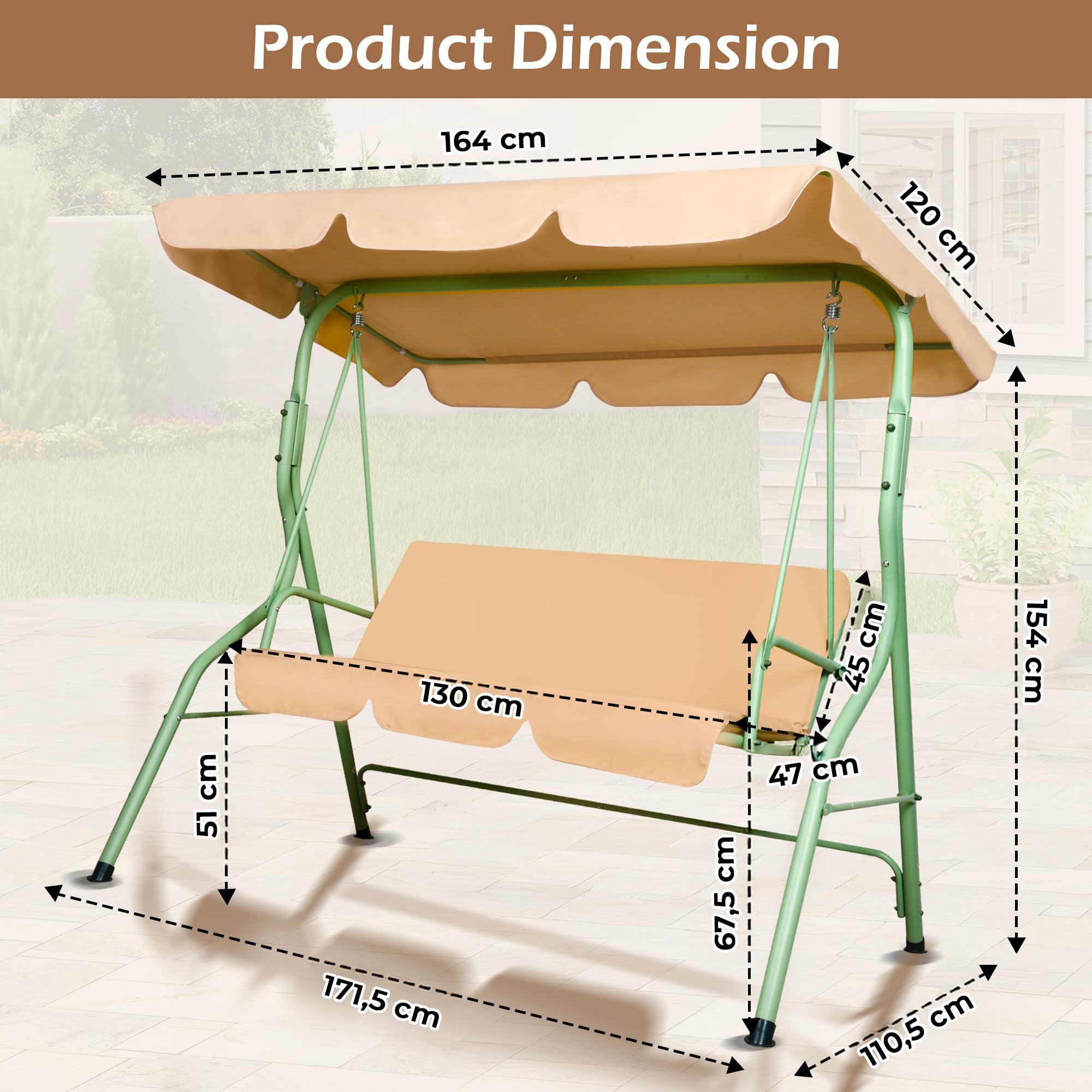 Frankystar Hulaop - Dondolo 3 Posti da Giardino con Cuscino Imbottito e Tettuccio Parasole Regolabile in Acciaio Verniciato e Tessuto Poliestere Beige