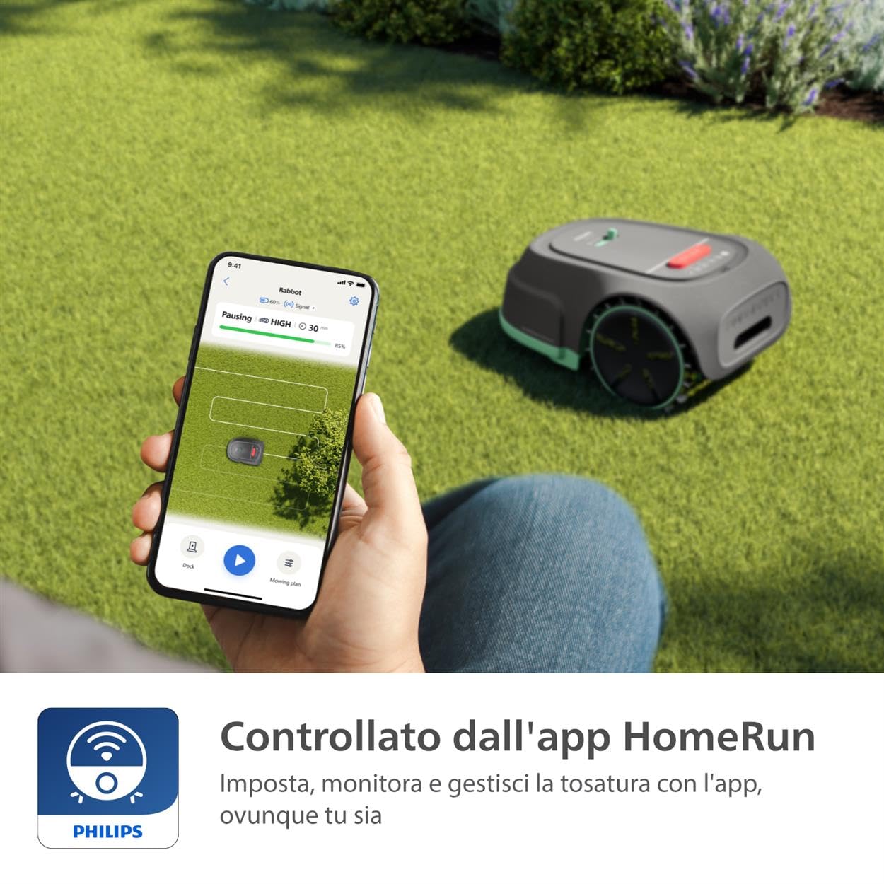 Robot Tosaerba Philips Serie 3000 - Taglio Trasversale, Mappatura GPS, Tosaerba Intelligente, Taglio Veloce, Prestazioni anche in Pendenza, App HomeRun, Sensore Pioggia, Grigio Calcare (RSL3000/10)