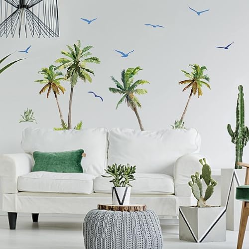 Miniatura 5 de SUPERDANT Pegatinas de pared de palmera de acuarela, árbol de coco, pájaros, plantas tropicales, calcomanías de pared para dormitorio, sala de