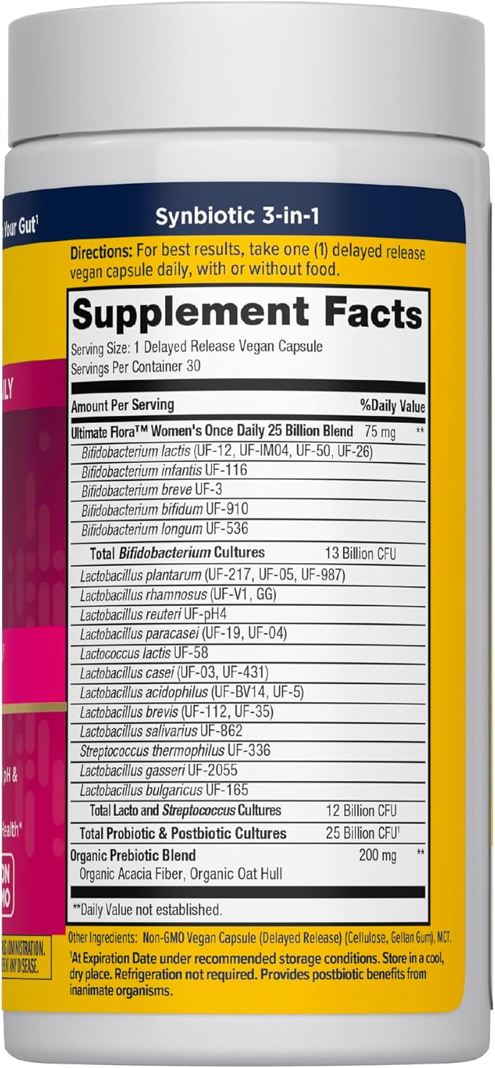 Renew Life Ultimate Flora Probiotics for Women with Prebiotics | 25 Billion CFU | 30 Delayed Release Capsules | 3 in 1 Synbiotic | Supports Digestive and Immune Health | Dairy, Soy and Gluten-Free