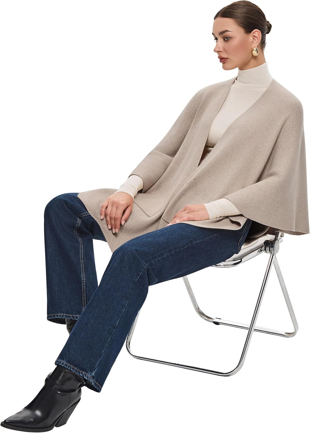 PULI Womens Open Front Shawl Wraps with Pockets Oversized Casual Knit Travel Shawls for Fall and Winter