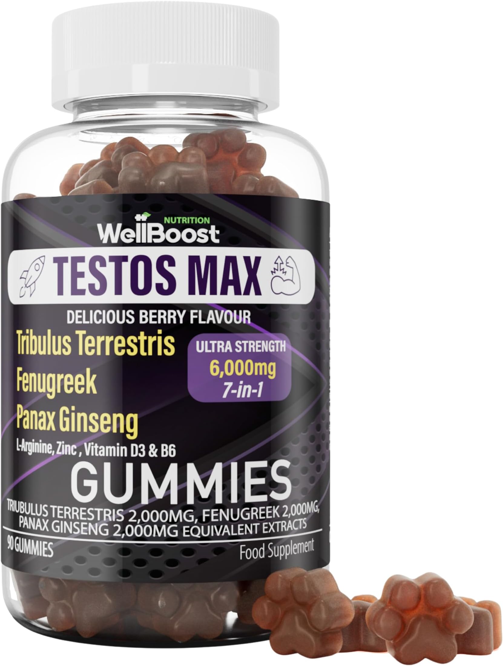 Testos MAX Strength Gummies, 30,000mg (7in1) Tribulus Terrestris, Fenugreek, Panax Ginseng Extracts, L-Arginine, Zinc, VitD3 and VitB6, Delicious Vegan, Sugar Free for Adults with Grapes Flavour.