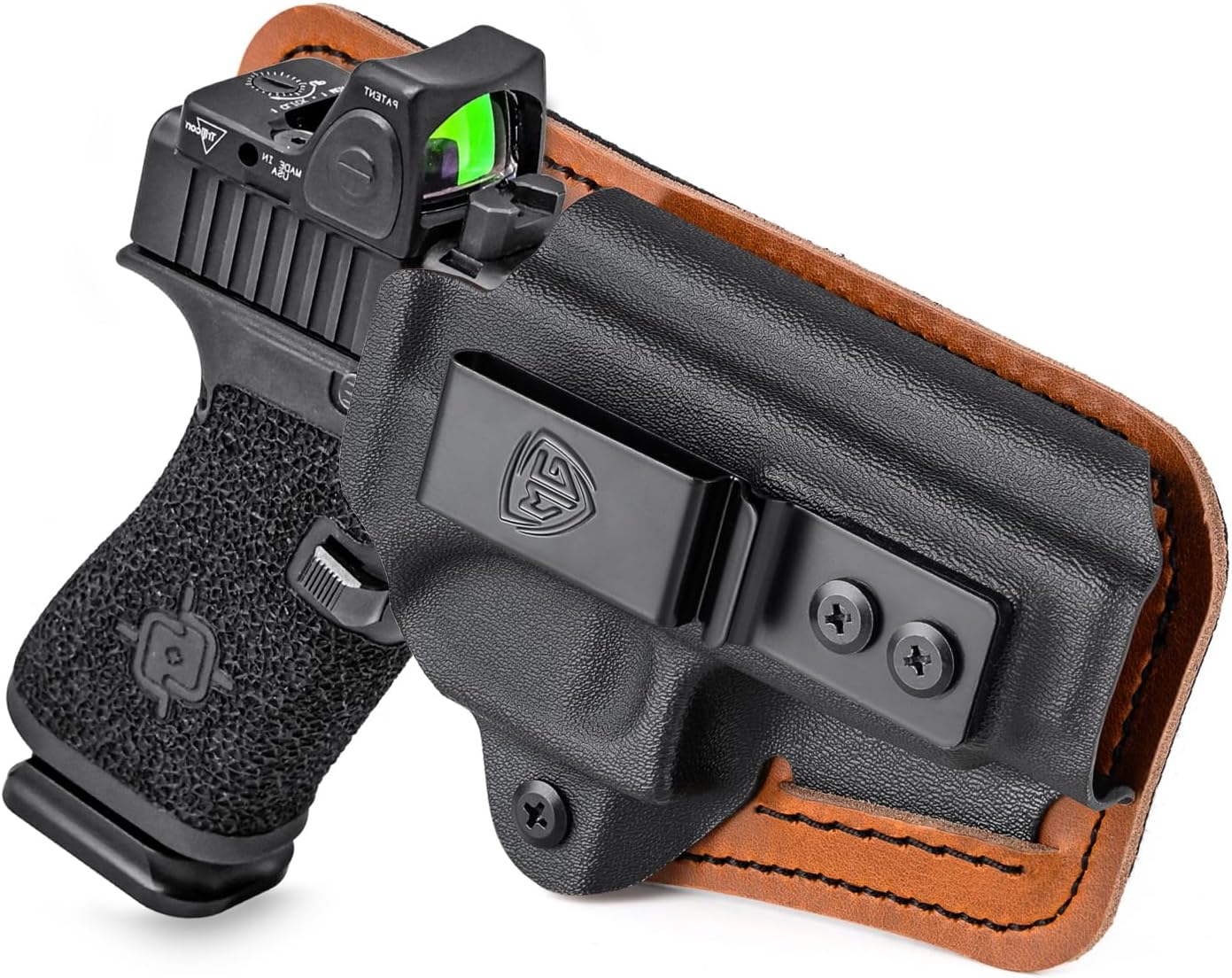 G43/G43X/G48 Right Hand IWB Holster, Black, Kydex Leather Hybrid, Glock 43/43X/43X MOS 9mm Pistol, Red Dot Optics Ready, Clip Attachment