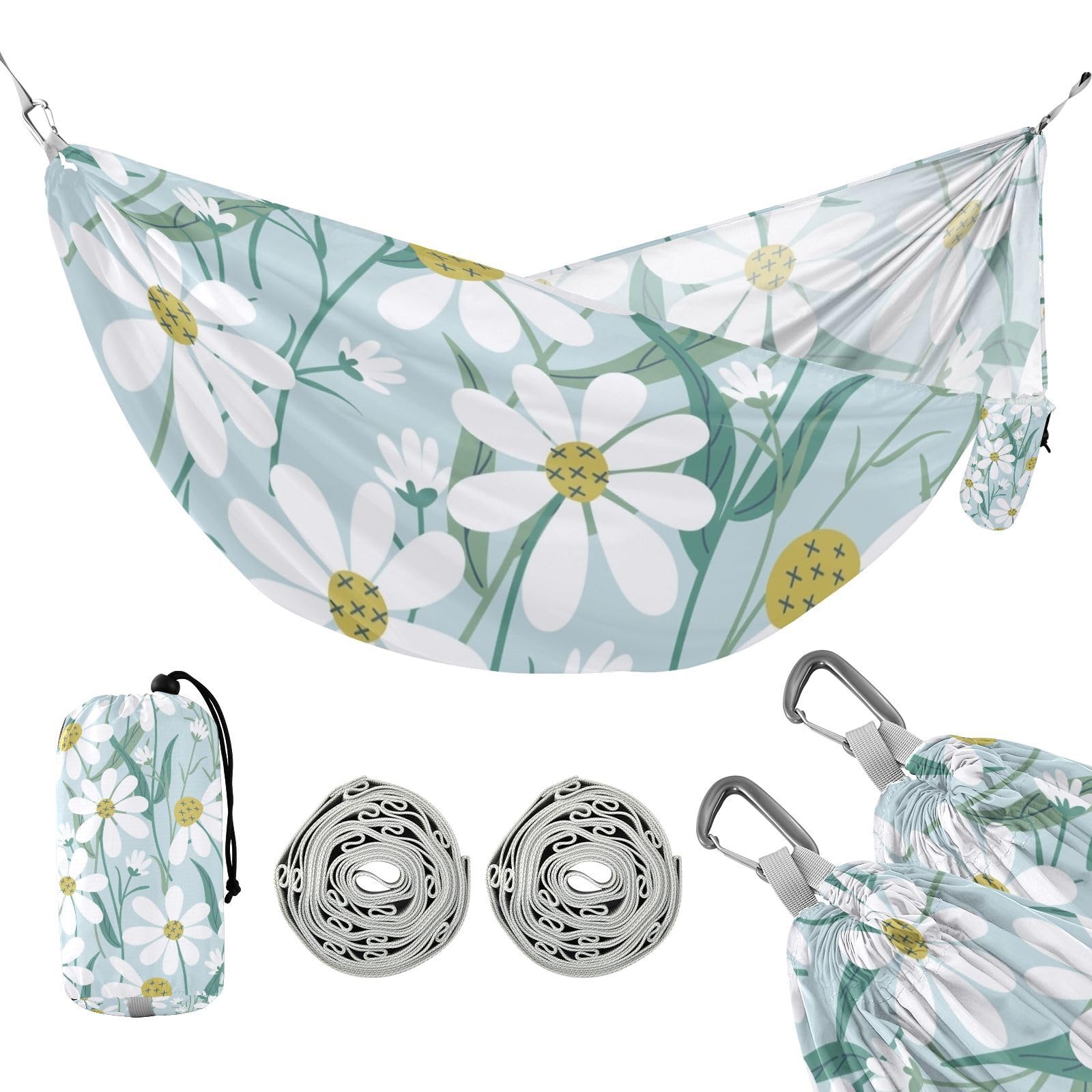 susiyo Portable Camping Hammock Cute Daisy Flowers Printed Lightweight Hammock Comfortable Travel Swing with Tree Straps for Camping Hiking Backpacking Travel or Beach - Up to 330lbs