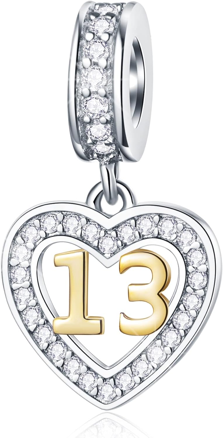 EMOSTAR 10 to 20 21 22 23 24 25 28 30 33 35 40 45 50 55 60 65 70 75 80 Birthday Charms fit European Anniversary Bracelet Necklace, Dangle 18K Golden Number Heart Pendant with CZ, for Women/Men