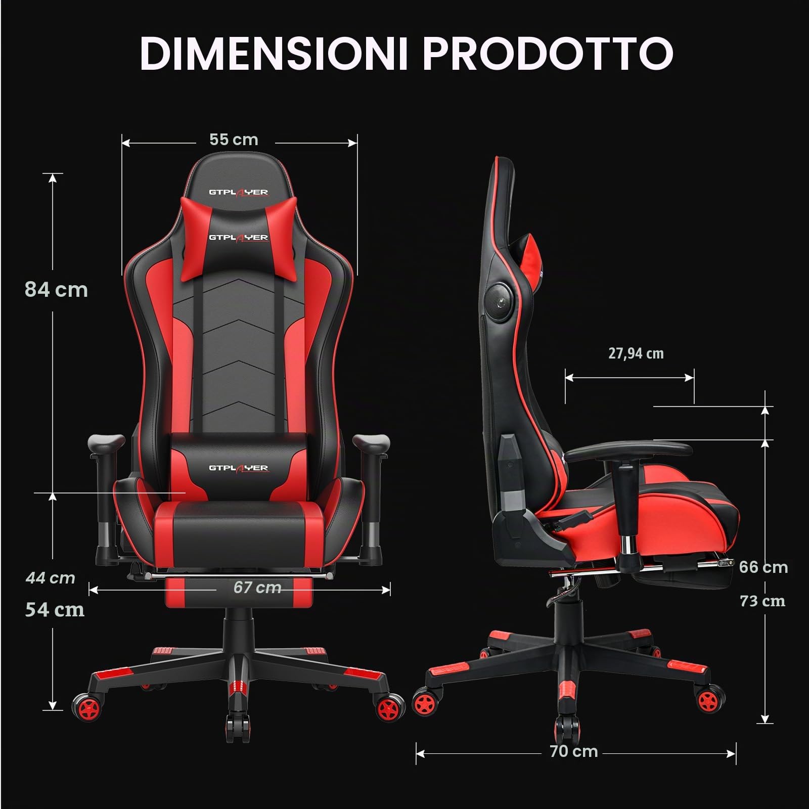 GTPLAYER Sedia da Gaming con Poggiapiedi e Altoparlante Bluetooth Poltrona Ufficio Scrivania Ergonomica Sedie Musicale Rossa