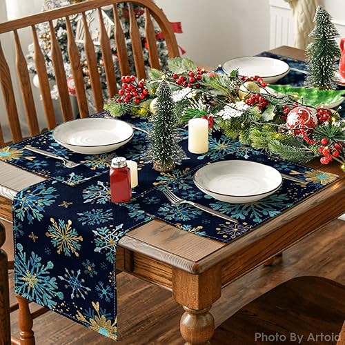 Miniatura 5 de Artoid Mode Juego de 4 manteles individuales hexagonales de invierno con copos de nieve azules, 12 x 18 pulgadas, para decoración de fiestas,