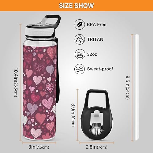 Miniatura 3 de FUGIDOG Botella de agua de 32 onzas con forma de corazón para el día de San Valentín, botella de agua deportiva de plástico Tritan sin BPA con tapa