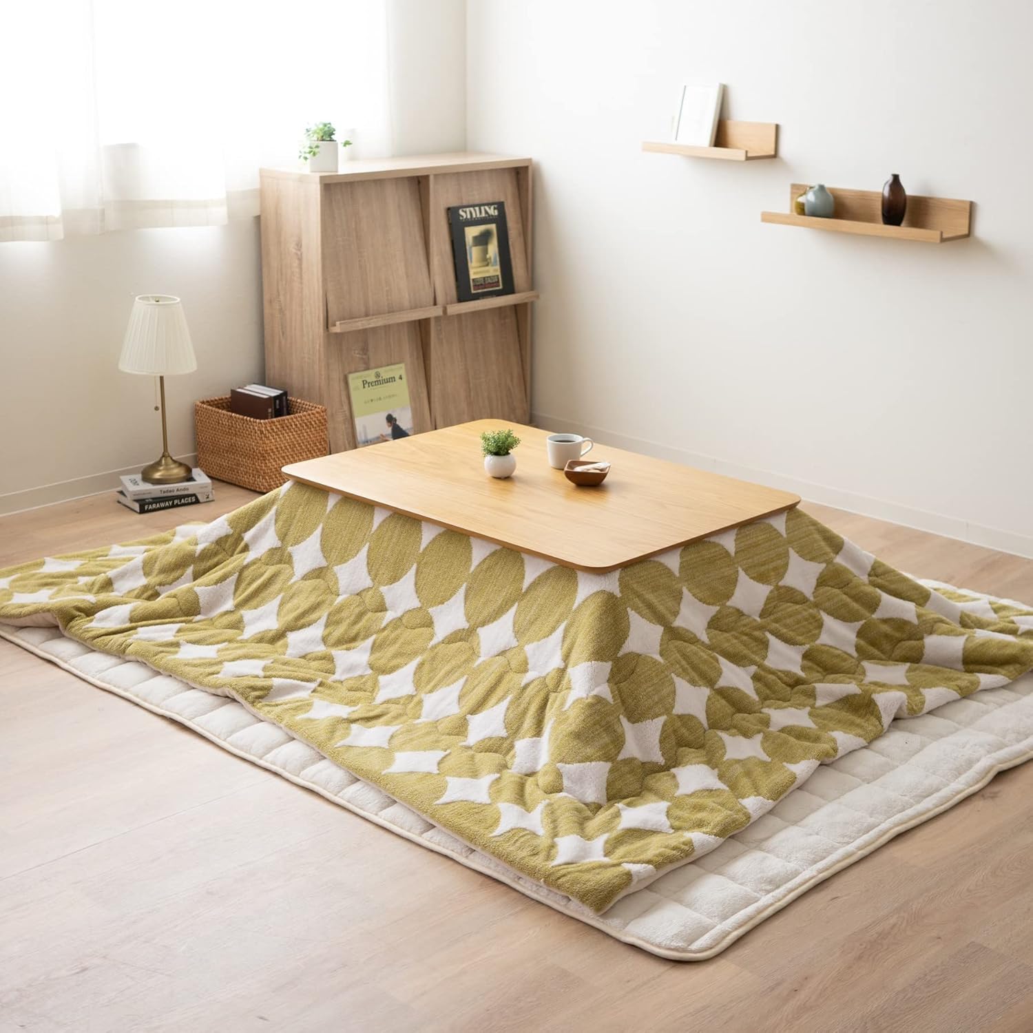 EMOOR Jacquard Boa Fleece Kotatsu Futon Comforter, Soft & Fluff Touch Blanket Throw, Washable, Rectangle 75x91in, Circle-Green