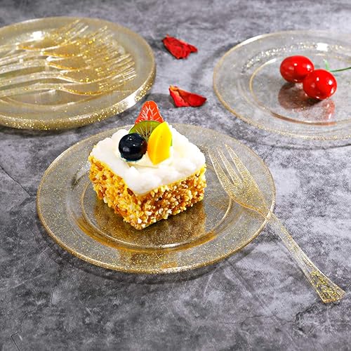 Miniatura 3 de Platos y tenedores plásticos para postre de brillantina dorada para invitados, platos para postre desechables de 6.5 pulgadas y tenedores pequeños,