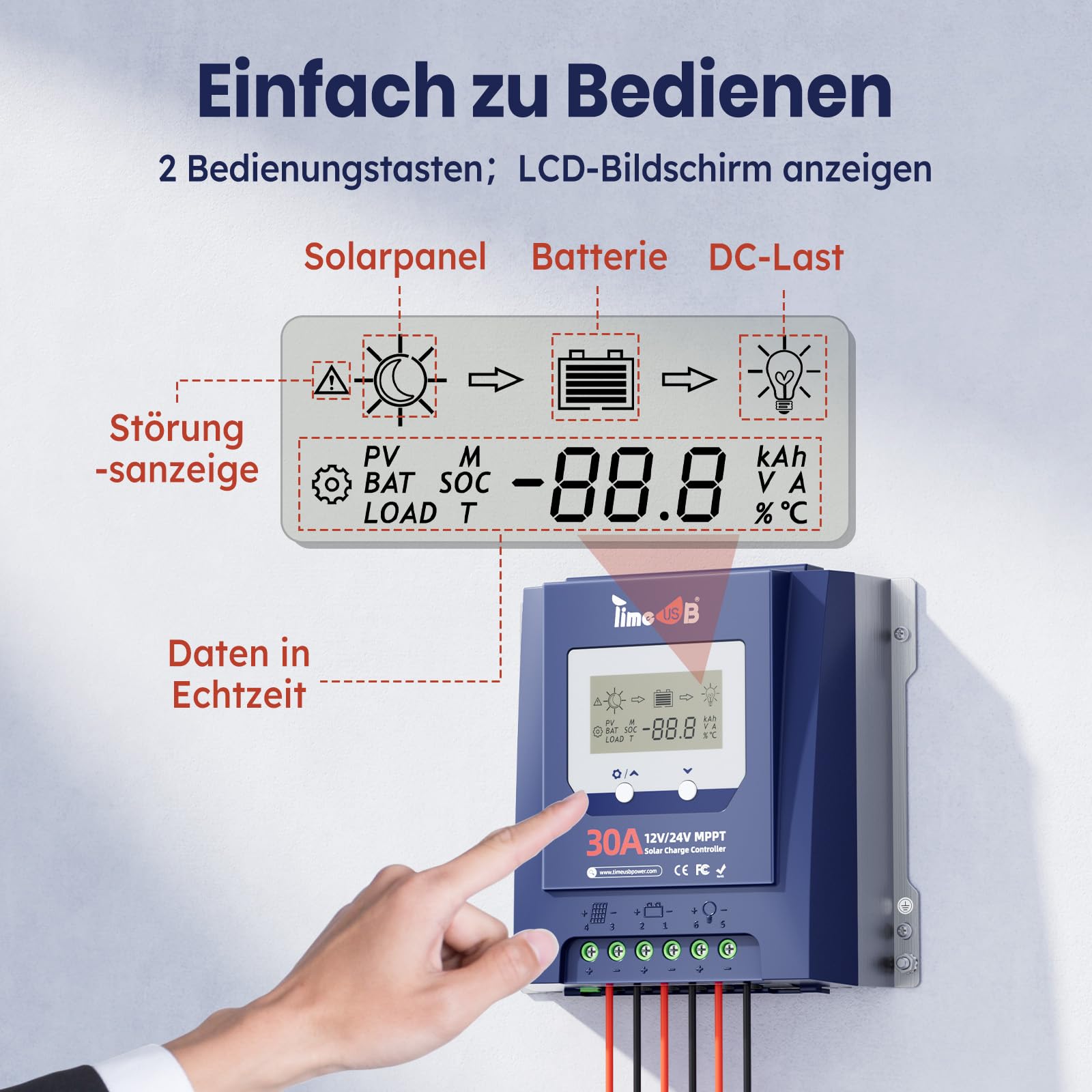 Timeusb 12V/24V 30A MPPT Solarladeregler für Lithium Blei-Säure Batterien | Max. 50V PV-Eingang,Automatische Erkennung & 99% Effizienz,Intelligenter Solar Regler mit LCD-Bildschirm für Wohnmobil