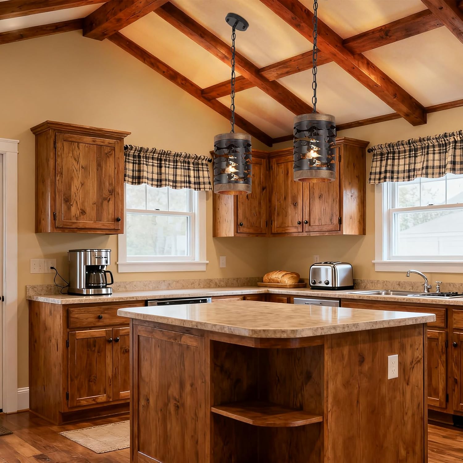 Rustic Fish Pendant Light,Nautical Farmhouse Wood & Metal Chandelier, Adjustable Hanging Ceiling Fixture for Dining Room, Kitchen Island, Bedroom, or Fishing Cabin（Black, Bulb not Included