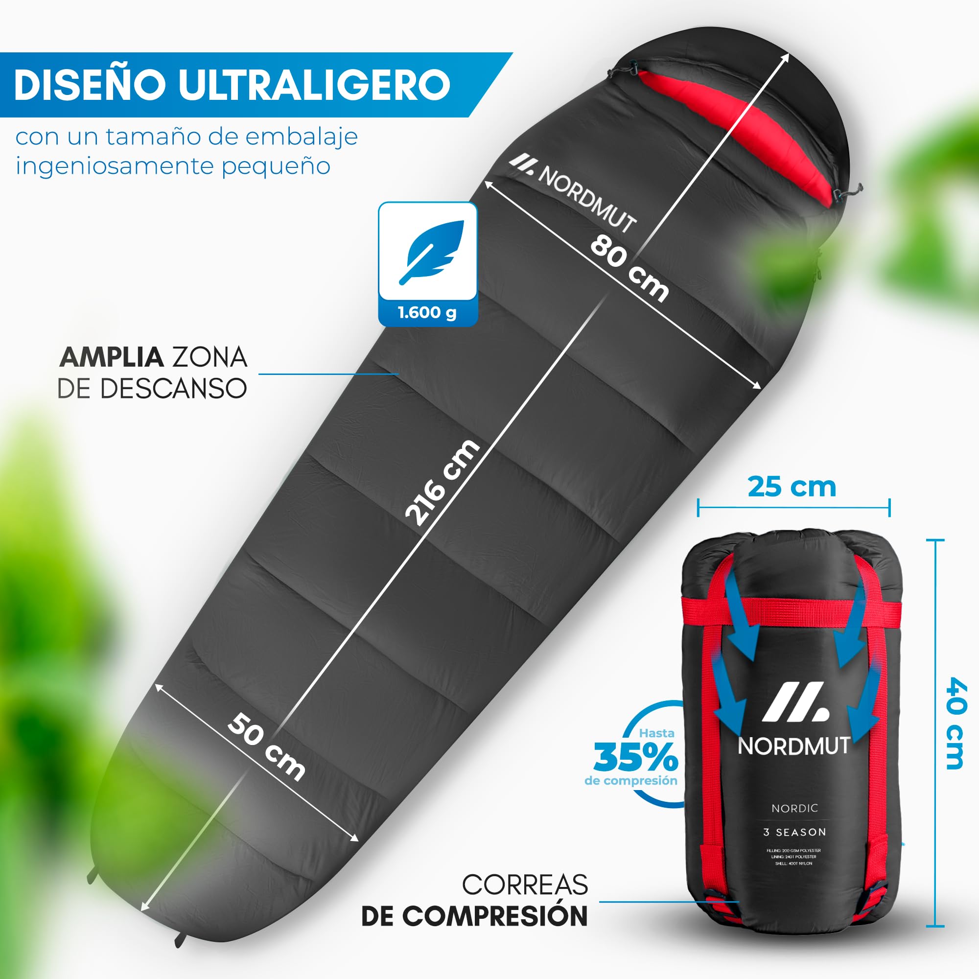 NORDMUT® Saco de Dormir Adulto Comfortable - Sleeping Bag Compacto y Ultraligero (900/1500 g) - 3 Estaciones (250 gsm) de Verano (100 gsm) campismo