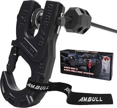 3/8" Winch Hook with Cable Stopper, 10T Winch Hook, Upgrade Heavy Duty Forged Steel Towing Winch Hook, 31967lbs Max Strength, Clevis Clip Hook Set for Synthetic Rope, Off-Road, Black