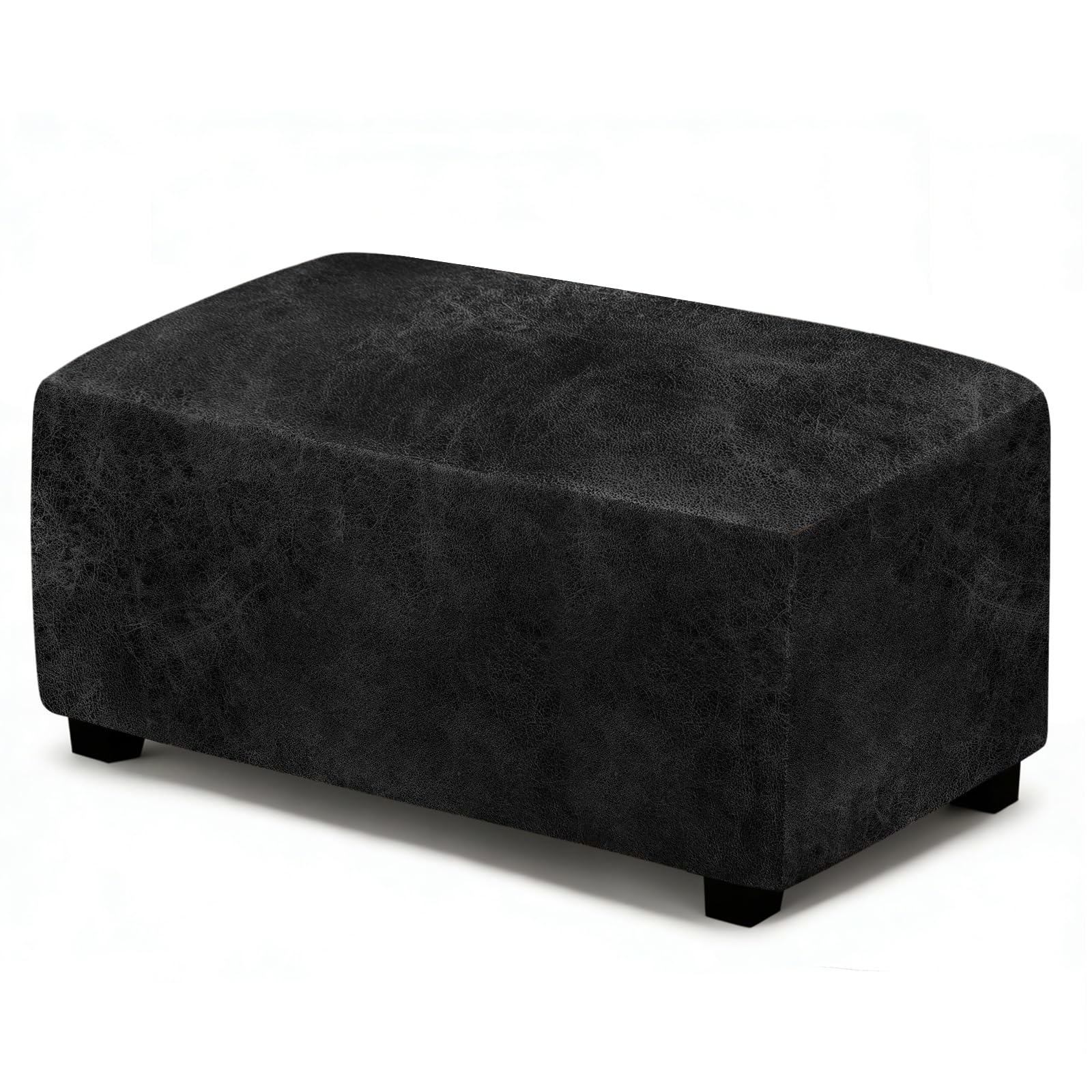 ANARACHON Leather Like Ottoman Cover, Stretch Small Square Ottoman Covers, Rectangular Ottoman Slipcovers with Removable Washable Non-Slip Elastic Bottom for Footstools (02 Black, Large)