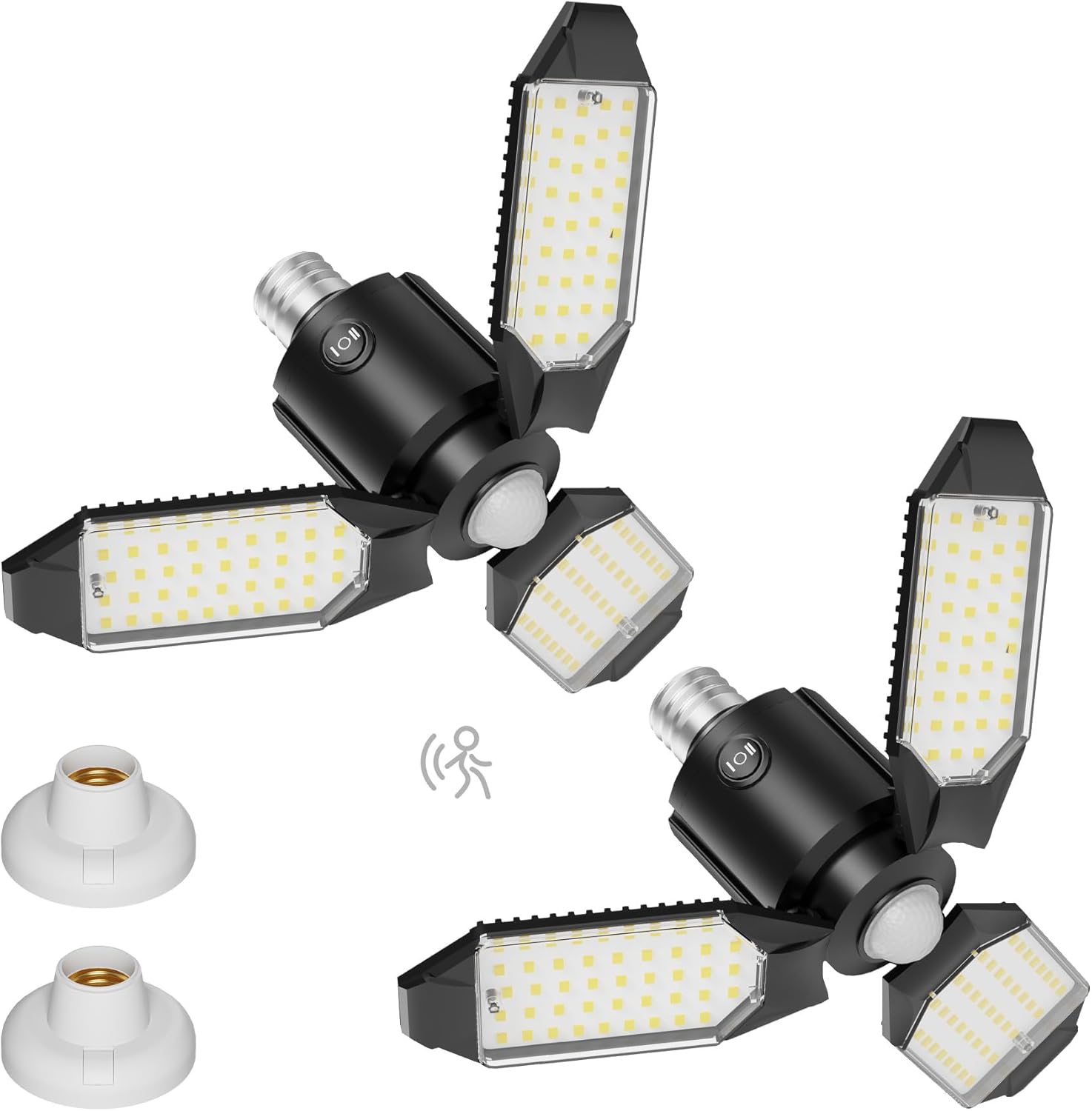 Motion Sensor Garage Lights 8000LM, Deformable Motion Activated LED Garage Ceiling Light Bulbs, 3 Modes & 360 Detection, Sensor Lights Bulb Indoor for Workshop/Barn 2-Pack