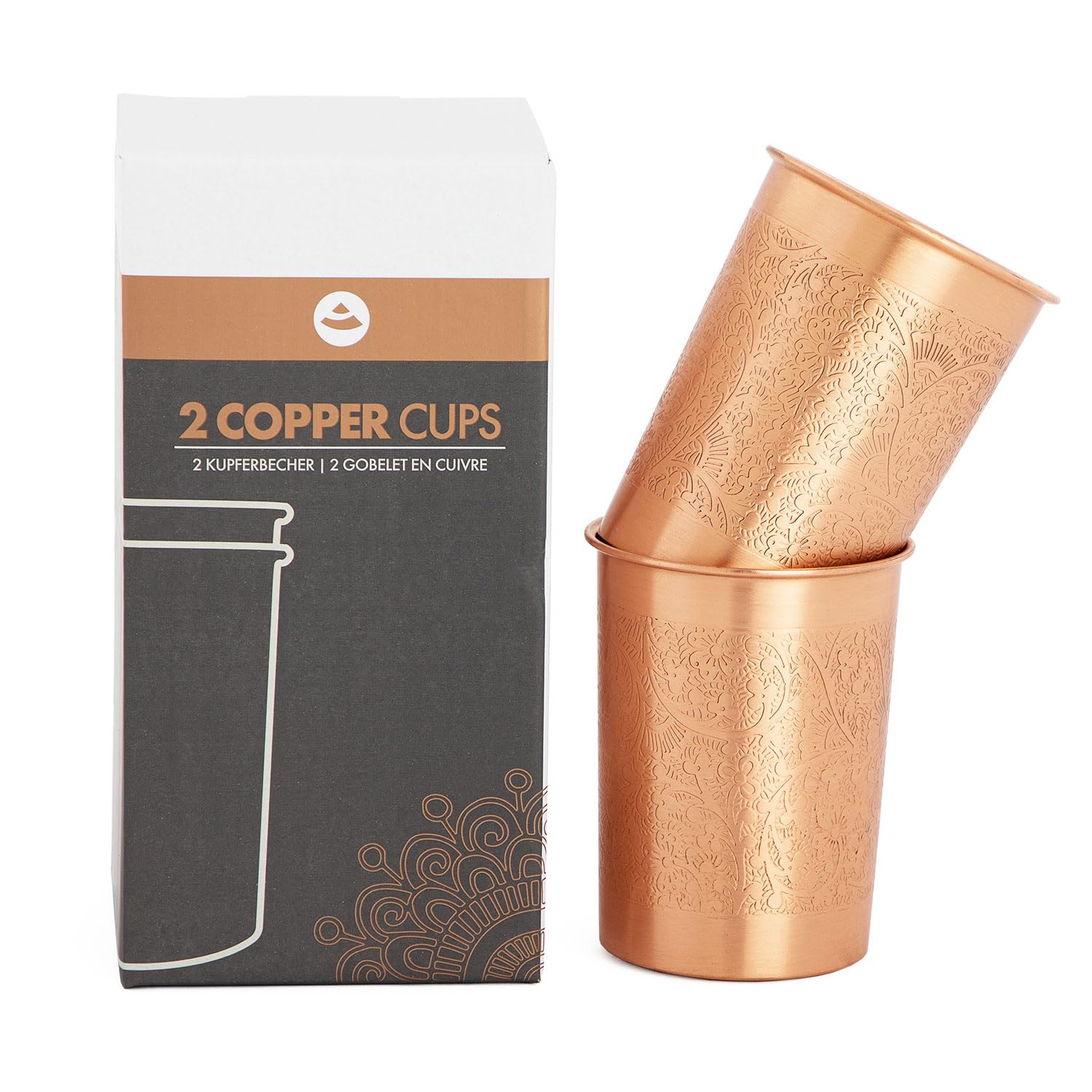 Bodhi Ayurveda Koperen drinkbekers van puur koper, 250 ml volume, waterbeker met designafwerking, duurzame metalen beker, diamantpatroon (gehamerd