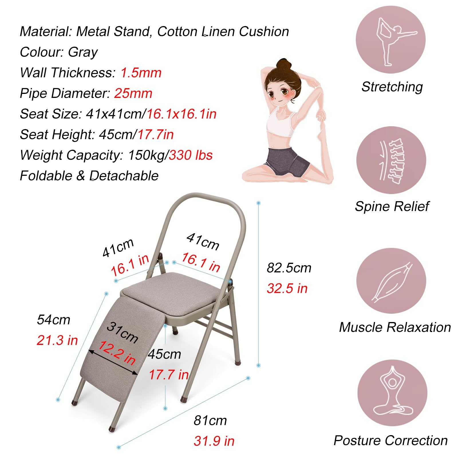 Sedia Yoga Sedia Yoga Assistita Grigia con Supporto Lombare Rimovibile, Sedia Yoga Pieghevole, Strumento di Allenamento per L'inversione Dell'equilibrio per Studio Yoga/Palestra/Casa