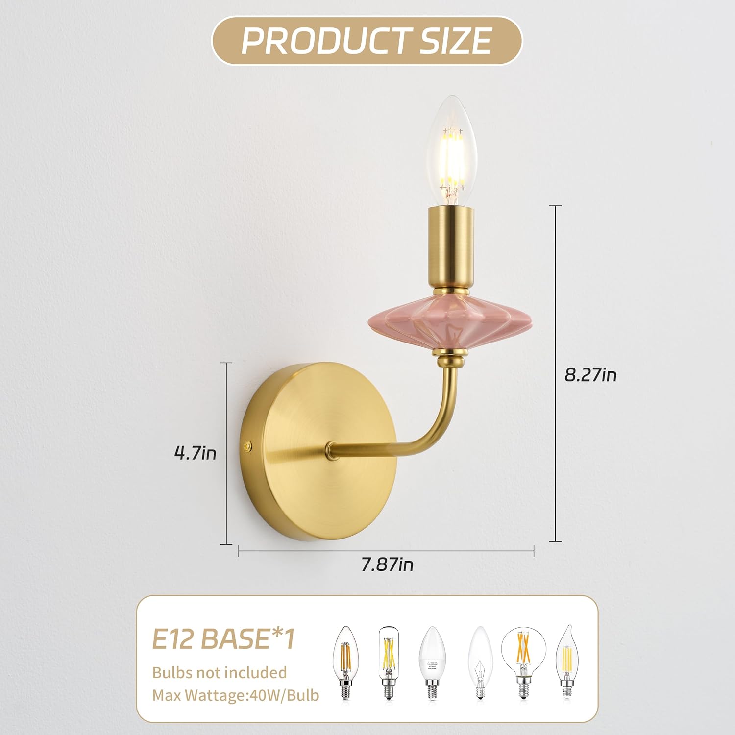 Wall sconces Set of Two with Pink Ceramic Flower Decoration,Brass Gold Wall Lights, Hardwired Vintage Vanity Light for Bathroom, Living Room, Bedroom, and hallways.