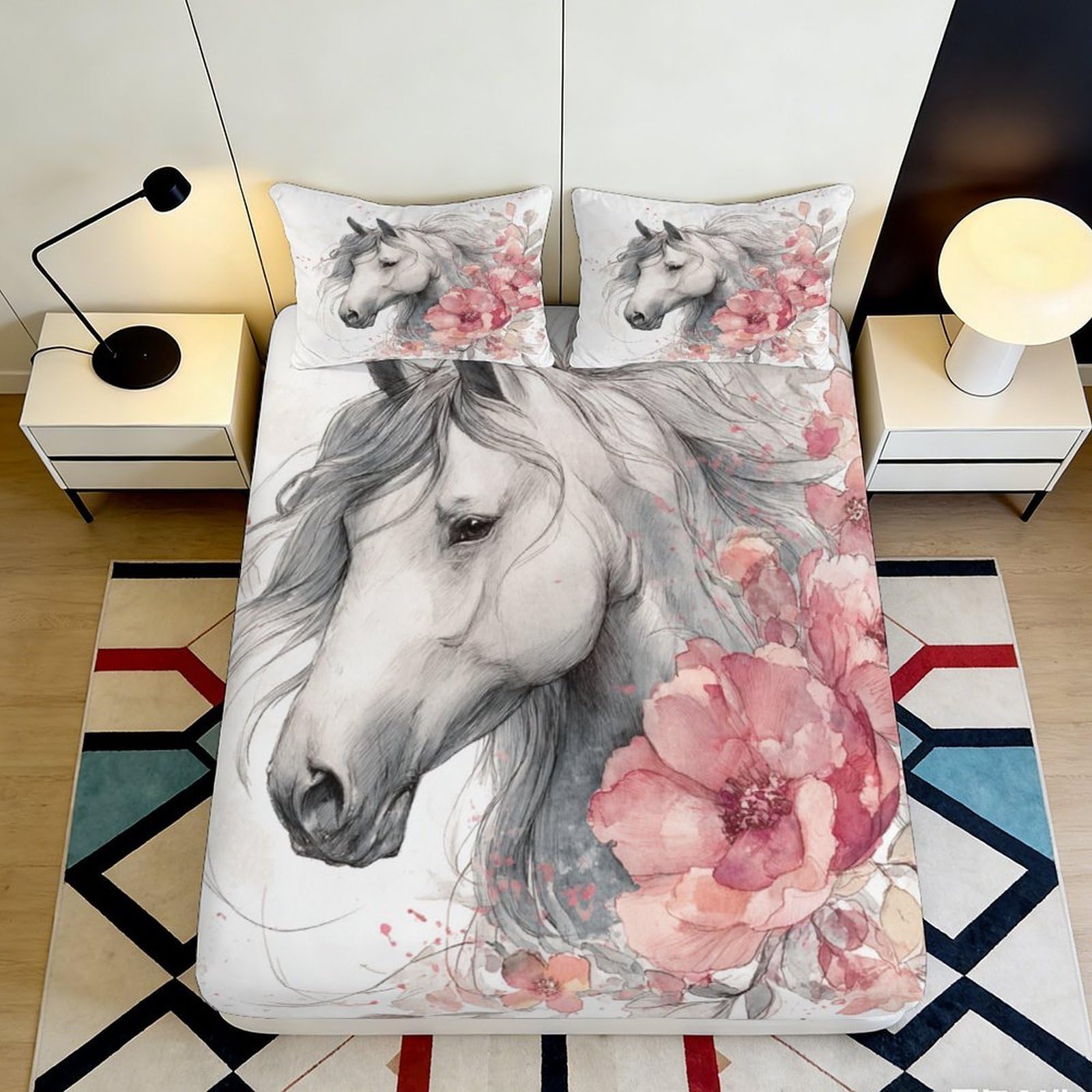 3D Printed Horse Floral Fitted Sheet Microfiber Soft Breathable Unicorn Bed Cover for Bedroom Dormitory Guest Room Mattress Protection Decor 120x200x25cm