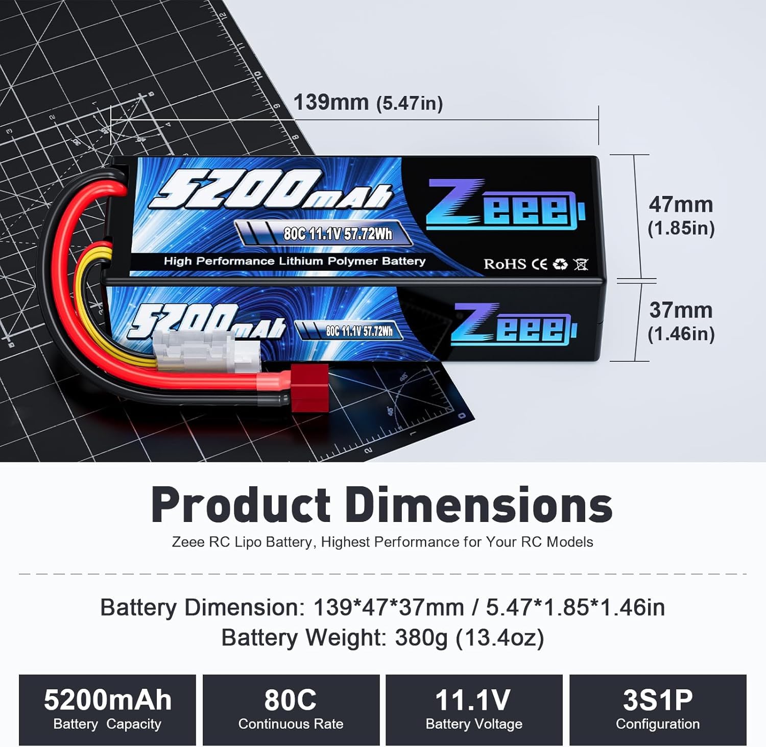 Zeee 3S LiPo RC Akumulator 11.1V 80C 5200mAh twarda obudowa ze złączem Deans T do RC Samochodów, RC Samolotów, RC Helikopterów, RC Hobby