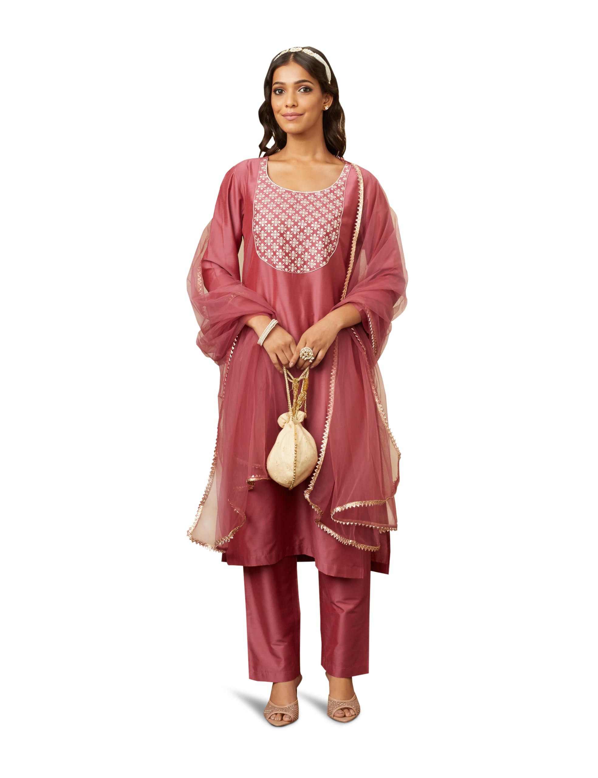 Amazon Brand - MyxWomen's Embroidered Kurta Pant Set with Mesh Dupatta | Viscose,Rayon