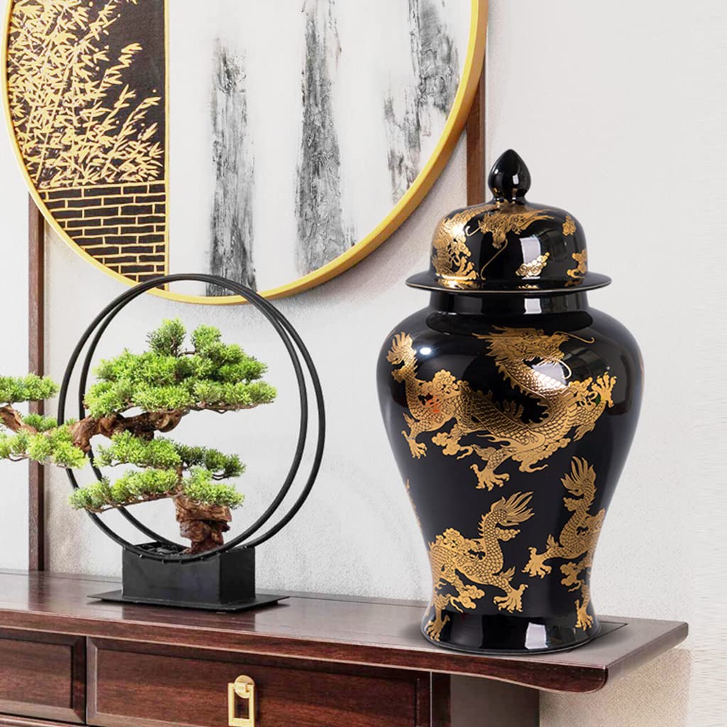 ZHOUXIAO Chinesische Tradition Ingwerglas-Vasen mit Deckel und goldenem Drachenmuster, Porzellanglas, große Keramik-Tempelglas-Vase, Handwerk mit Deckel, dekorativ für Heimdekoration, Schwarz, M