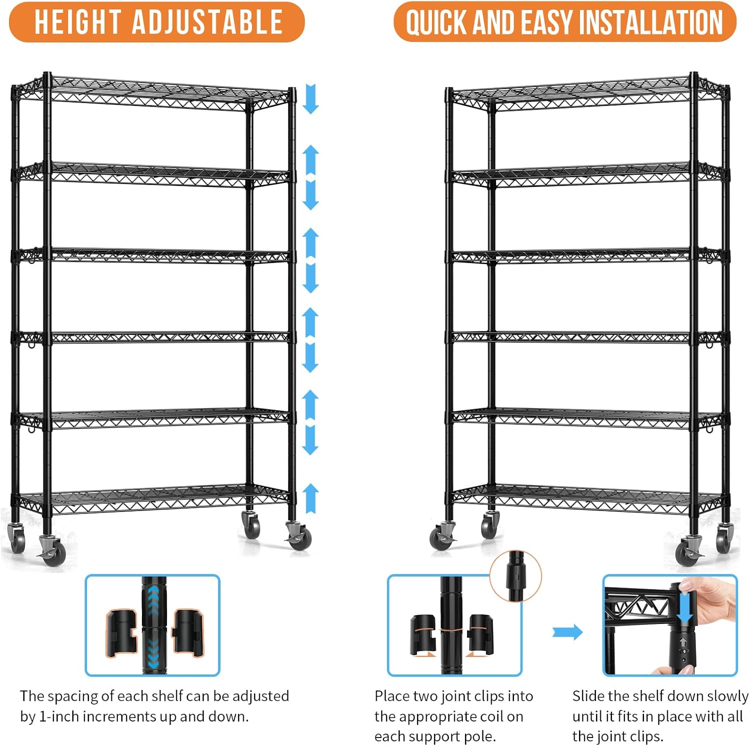 2300LBS Wire Shelving Unit, 36"W x 14"D x 75"H Metal Standing Shelf Units with Wheels / Leveling Feet, 6 Tier, Adjustable, Heavy Duty, and NSF Storage Shelves, Rolling Metal Shelving Wire Rack - Image 6