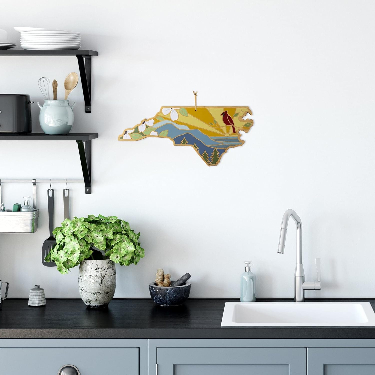 Totally Bamboo North Carolina State Shaped Cutting Board and Charcuterie Serving Platter with Artwork by Summer Stokes, Includes Hang Tie for Wall Display 18" x 8" x 5/8" - Image 4