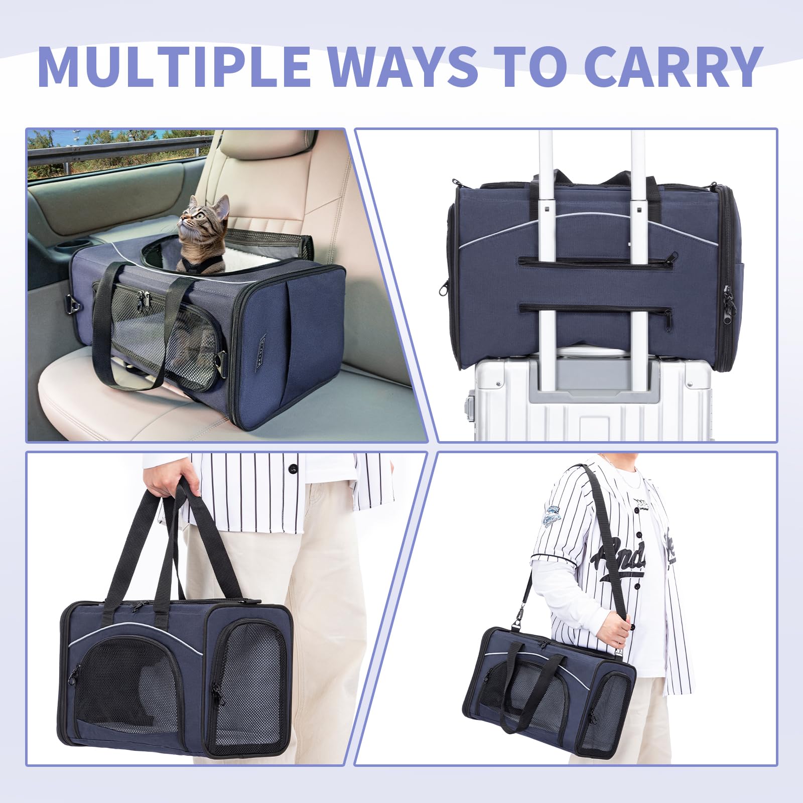 Petsfit Sac de Transport pour Chat Chien avec 2 Coussins - Caisse de Transport Pliable Bandoulière Démontable Lavable, pour Voyage Avion, Voiture, S/Bleu