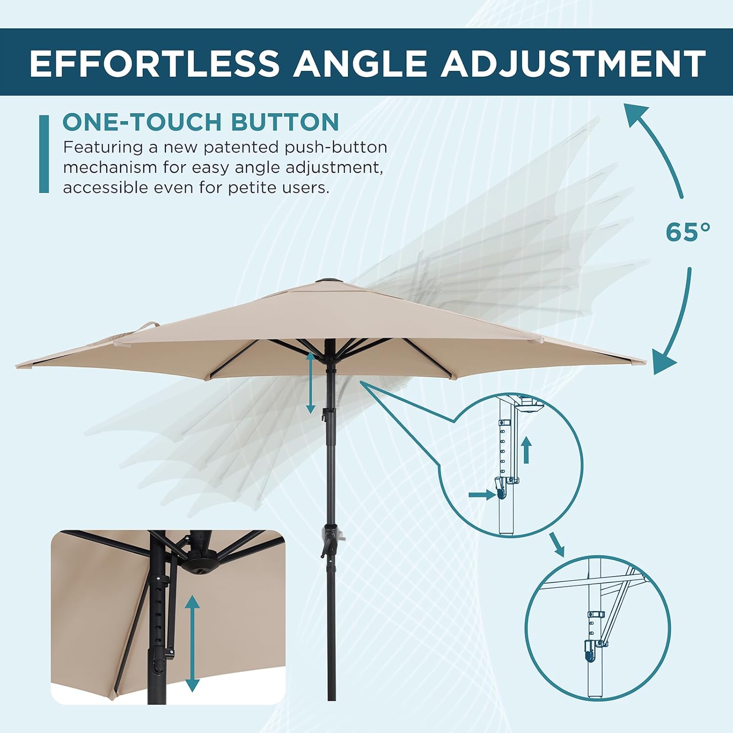 9FT Patio Umbrella with Push-Button Multi-Angle Tilt - Outdoor Market Umbrella with 6 Heavy-Duty Ribs, UV Resistant & Water-Repellent for Garden, Deck, Poolside & Backyard