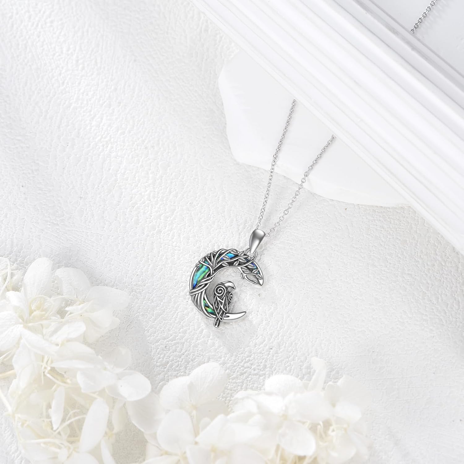 Raven/Cat/Tree of Life Necklace for Women 925 Sterling Silver Abalone Shell Tree of Life Pendant Animal Jewelry Halloween Christmas Birthday Gifts for Daughter Lover - Image 4