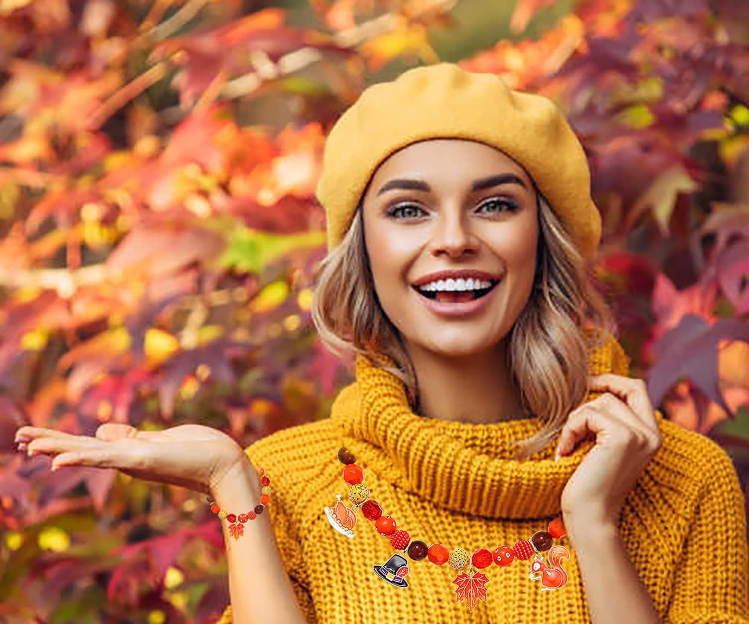 HEIDKRUEGER Thanksgiving Jewelry Sets for Women,Chunky Rhinestone Beaded Necklace Bracelet Autumn Maple Leaves Squirrel Corn Turkey Charm,Maple Leaf Dangle Earrings,Thanksgiving Day Fall Gift - Image 2