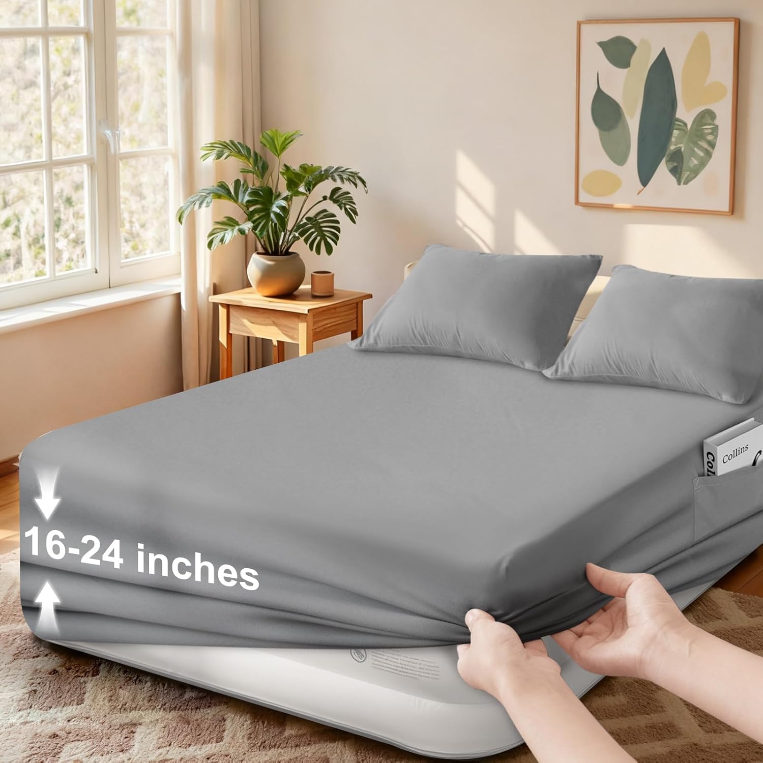SPRINGSPIRIT Extra Deep Pocket Queen Sheet Sets for Air Mattress with Pocket on Side, Sheet Set Queen Size Extra Deep Pocket 16 to 24’’, Grey