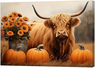 ZXHYWYM Highland Cow Wall Art Cattle Painting with Sunflower Pumpkin Pictures Farm Animal Canvas Prints Fall Farmhouse Decor for Home Kitchen Framed (A, (12.00" x 18.00"))