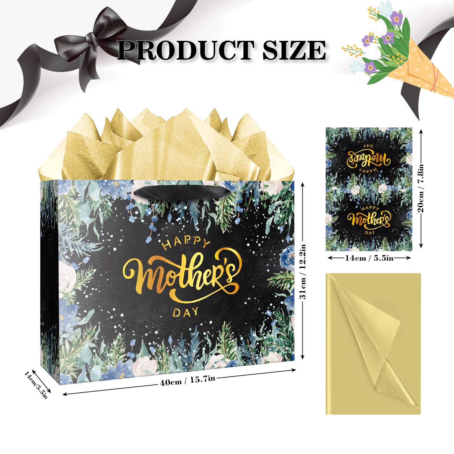 JWSCYSY Sacchetto Regalo Per La Festa Della Mamma, Extra Large, Con Carta Velina E Biglietto D'Auguri - Motivo Floreale Nero Con Scritta Dorata