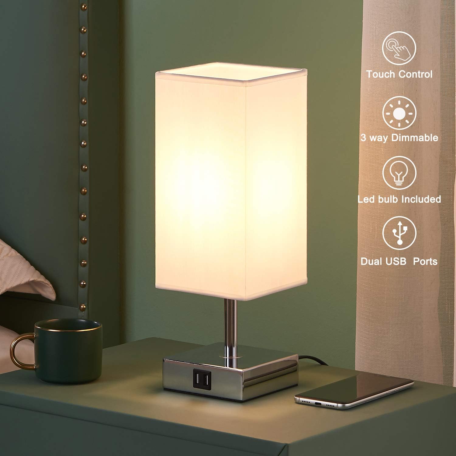 Kakanuo Touch Control Table Lamp, Touch Bedside Lamp with 2 USB Charging Ports, 3 Way Dimmable Touch Desk Lamp for Bedroom, Nightstand, Living Room and Office, LED Bulb Included