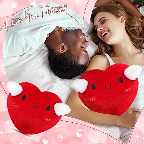 Miniatura 4 de 2 almohadas rojas esponjosas en forma de corazón con alas de ángel de 13.8 pulgadas en forma de corazón, almohada decorativa abrazable para niñas y
